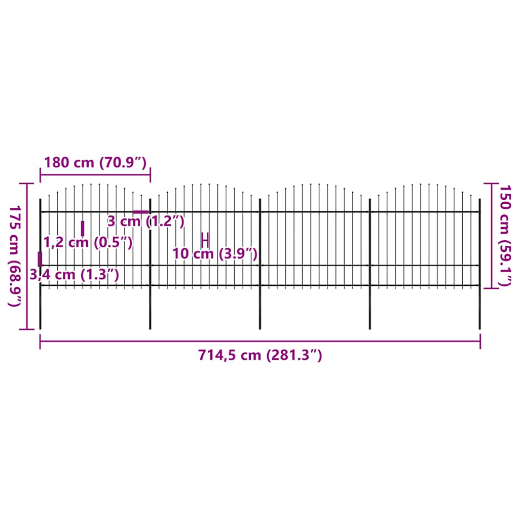 Cerca de jardim com topo em forma de lança em aço 714,5x200 cm, preta