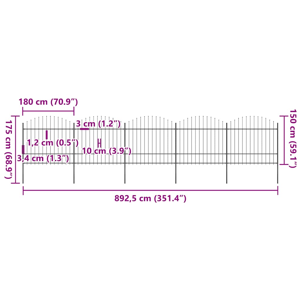 Cerca de jardim com topo em forma de lança em aço 892,5x200 cm, preta