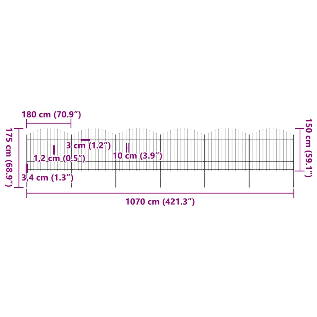 Cerca de jardim com topo em forma de lança em aço 1070x200 cm, preta