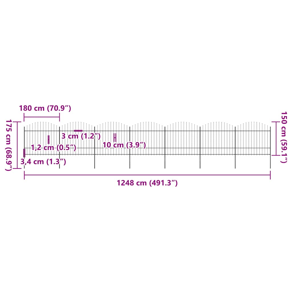 Cerca de jardim com topo em forma de lança em aço 1248x175 cm, preta