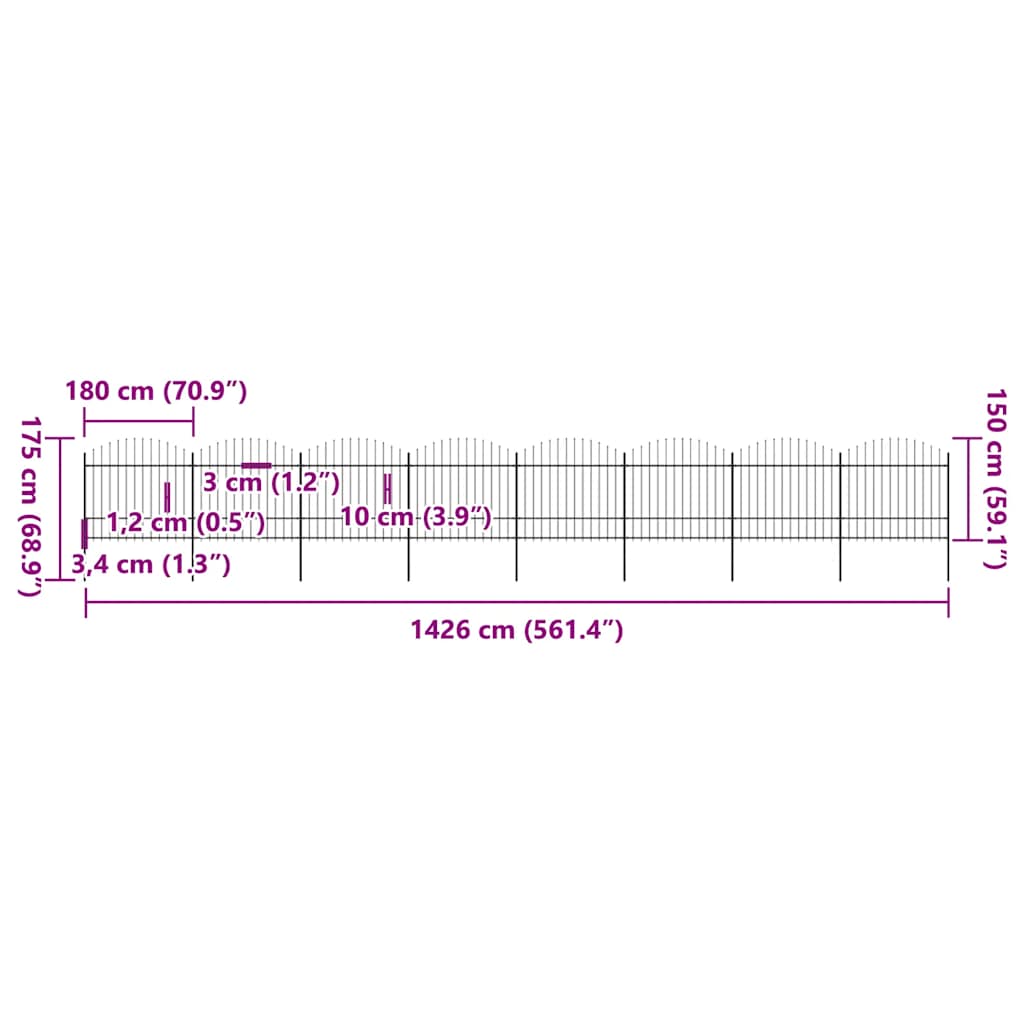 Cerca de jardim com topo em forma de lança em aço 1426x175 cm, preta