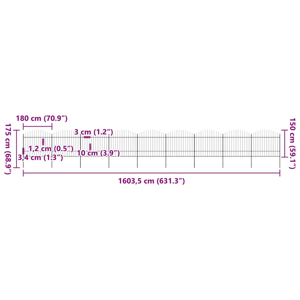 Cerca de jardim com topo em forma de lança em aço 1603,5x200 cm, preta