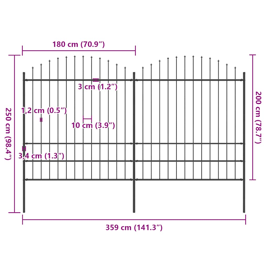 Cerca de jardim com topo em forma de lança em aço 359x200 cm, preta