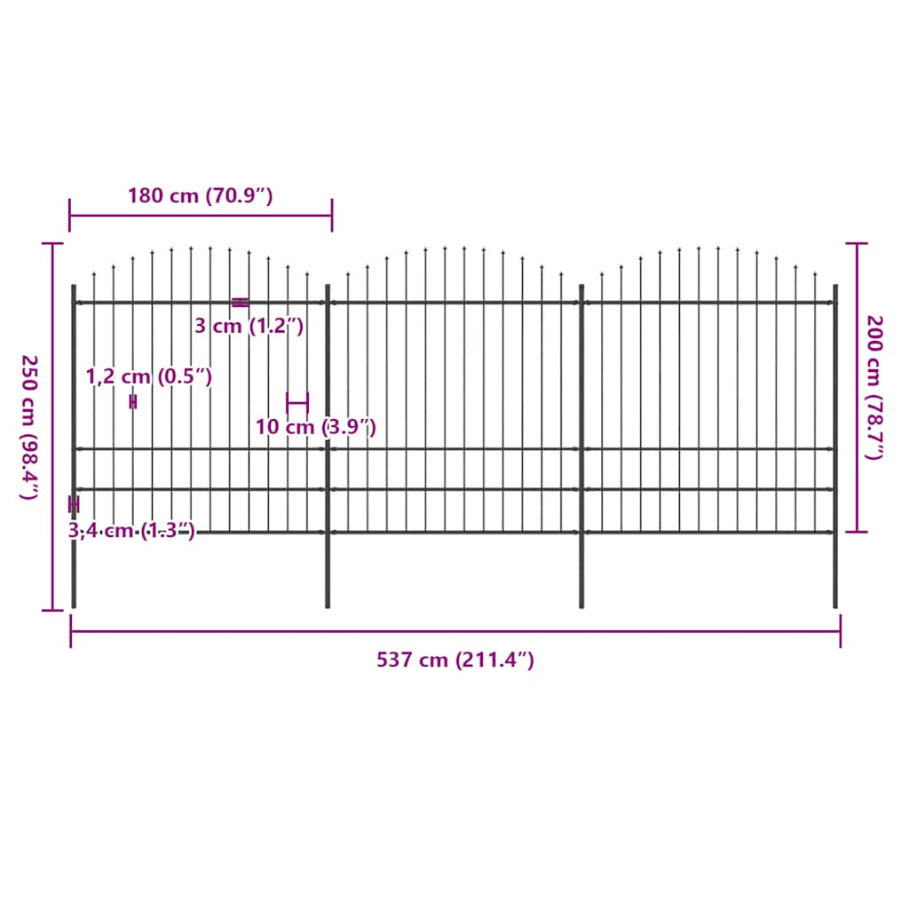 Cerca de jardim com topo em forma de lança em aço 537x200 cm, preta