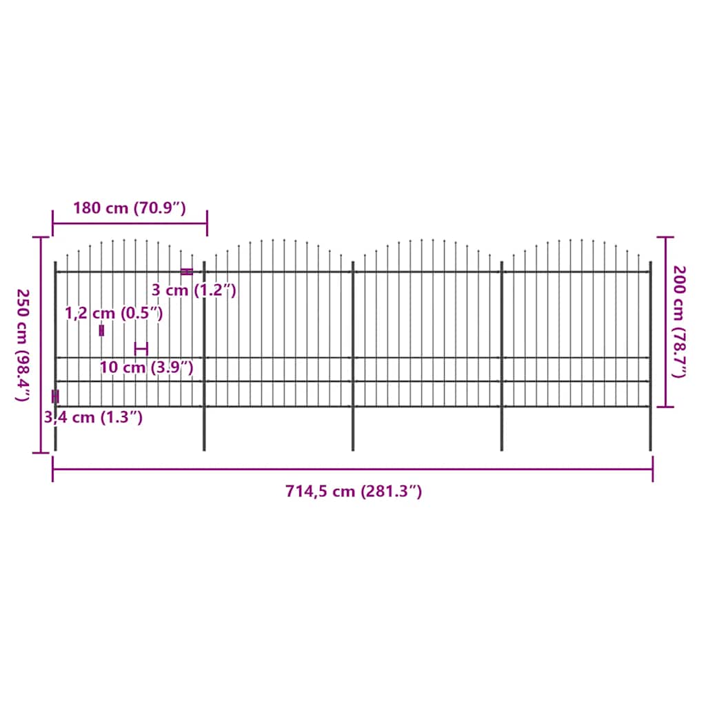 Cerca de jardim com topo em forma de lança em aço 714,5x200 cm, preta