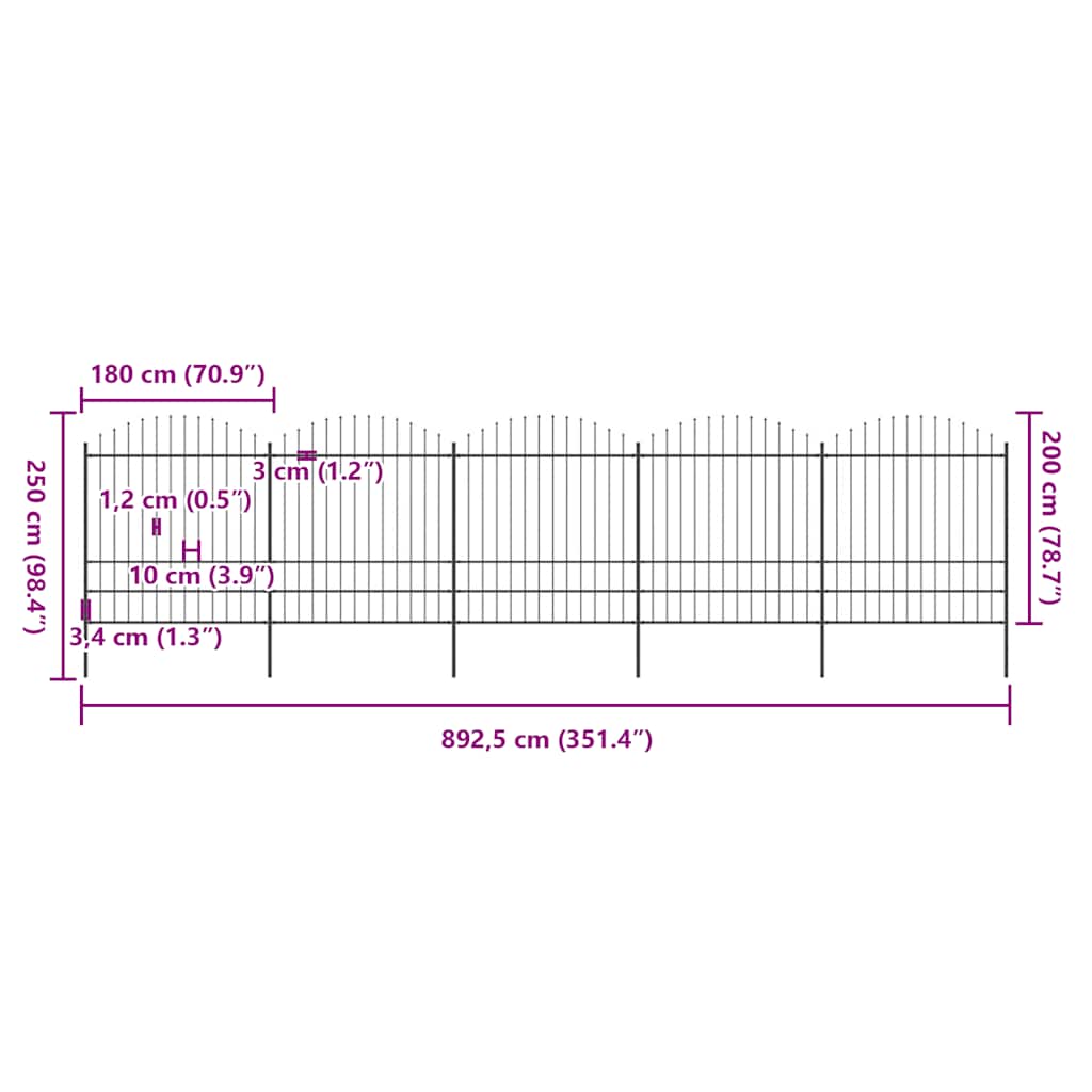 Cerca de jardim com topo em forma de lança em aço 892,5x200 cm, preta