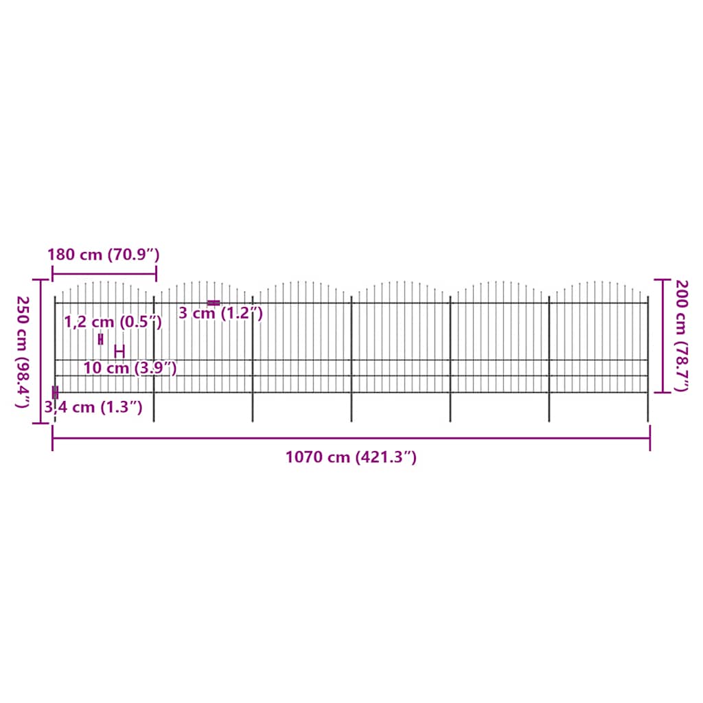 Cerca de jardim com topo em forma de lança em aço 1070x200 cm, preta