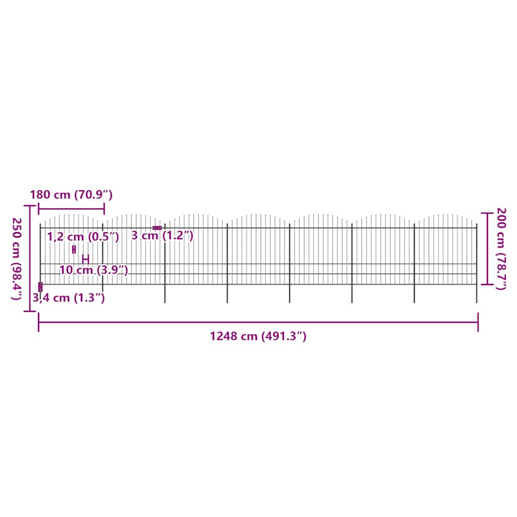 Cerca de jardim com topo em forma de lança em aço 1248x175 cm, preta