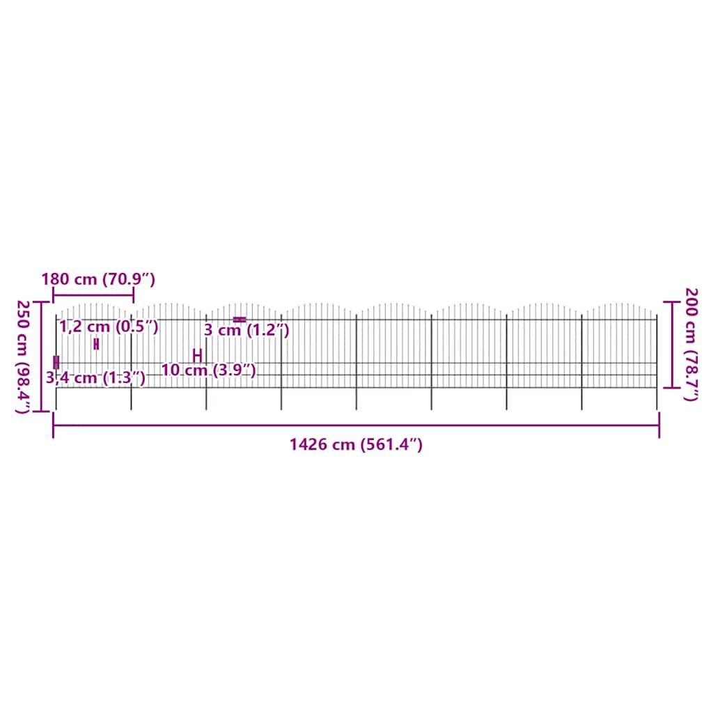 Cerca de jardim com topo em forma de lança em aço 1426x175 cm, preta