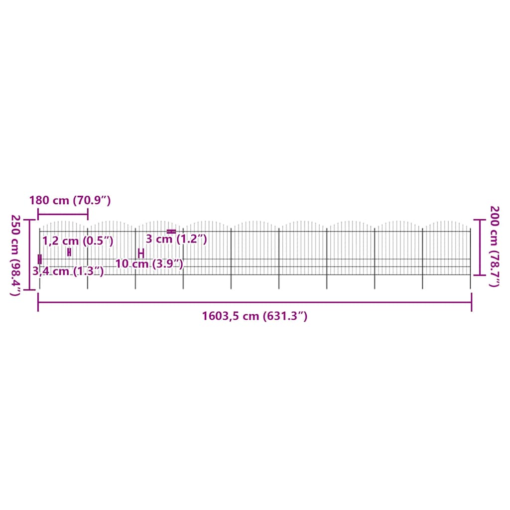 Cerca de jardim com topo em forma de lança em aço 1603,5x200 cm, preta