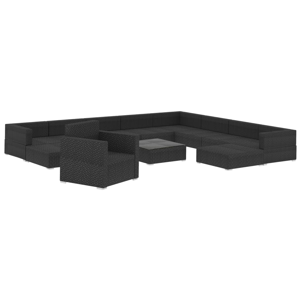 12 pcs conjunto lounge de jardim c/ almofadões vime PE preto