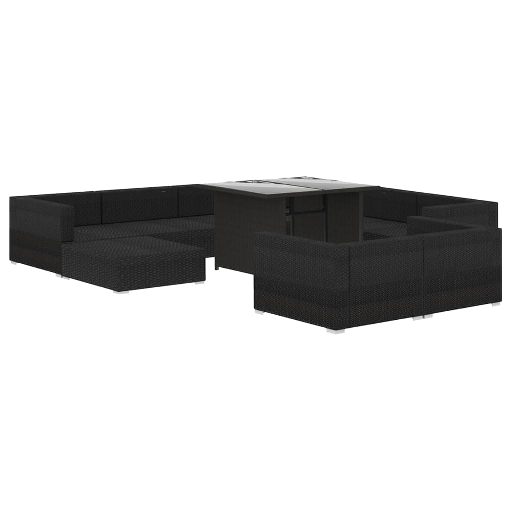 10 pcs conjunto lounge de jardim c/ almofadões vime PE preto