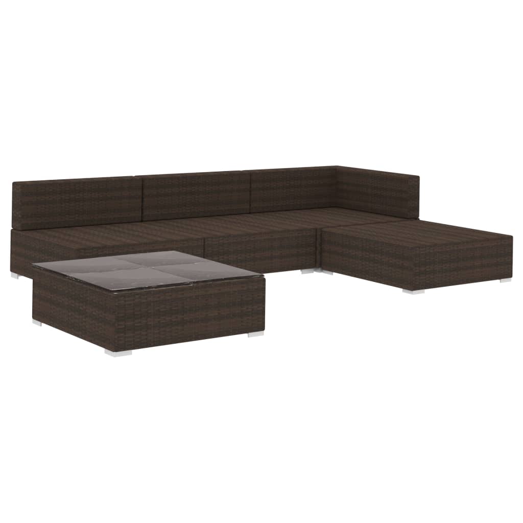 5 pcs conjunto lounge jardim c/ almofadões vime PE castanho
