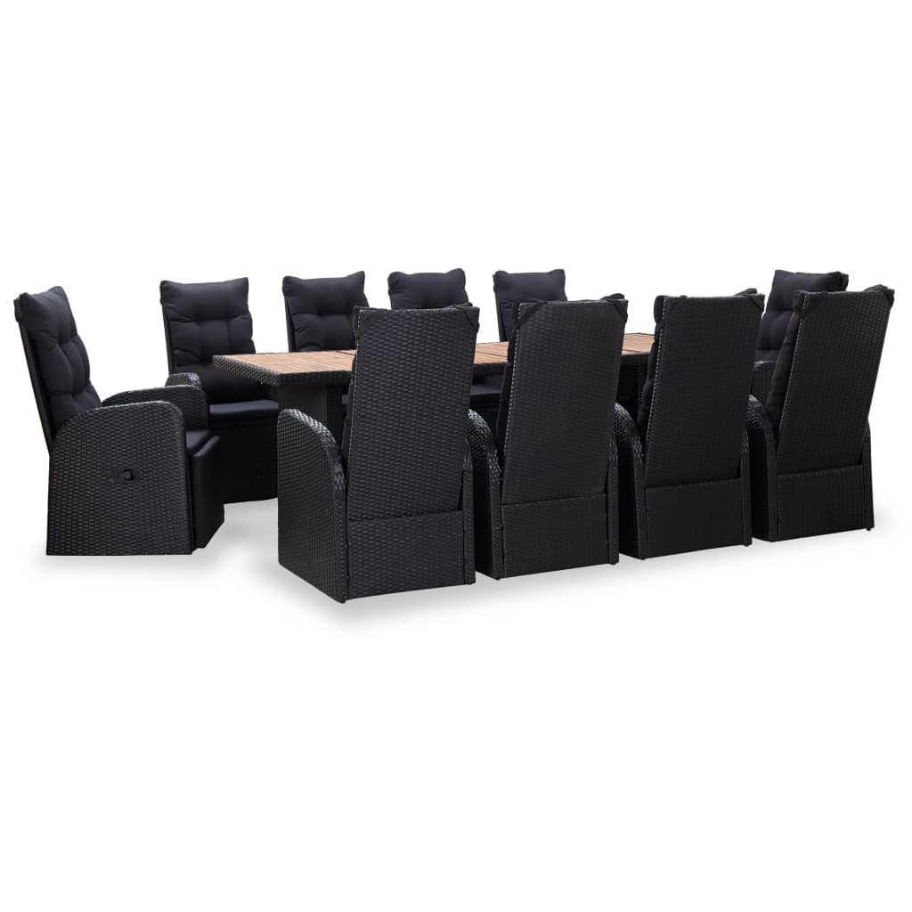 11 pcs conjunto jantar p/ exterior vime e madeira acácia preto