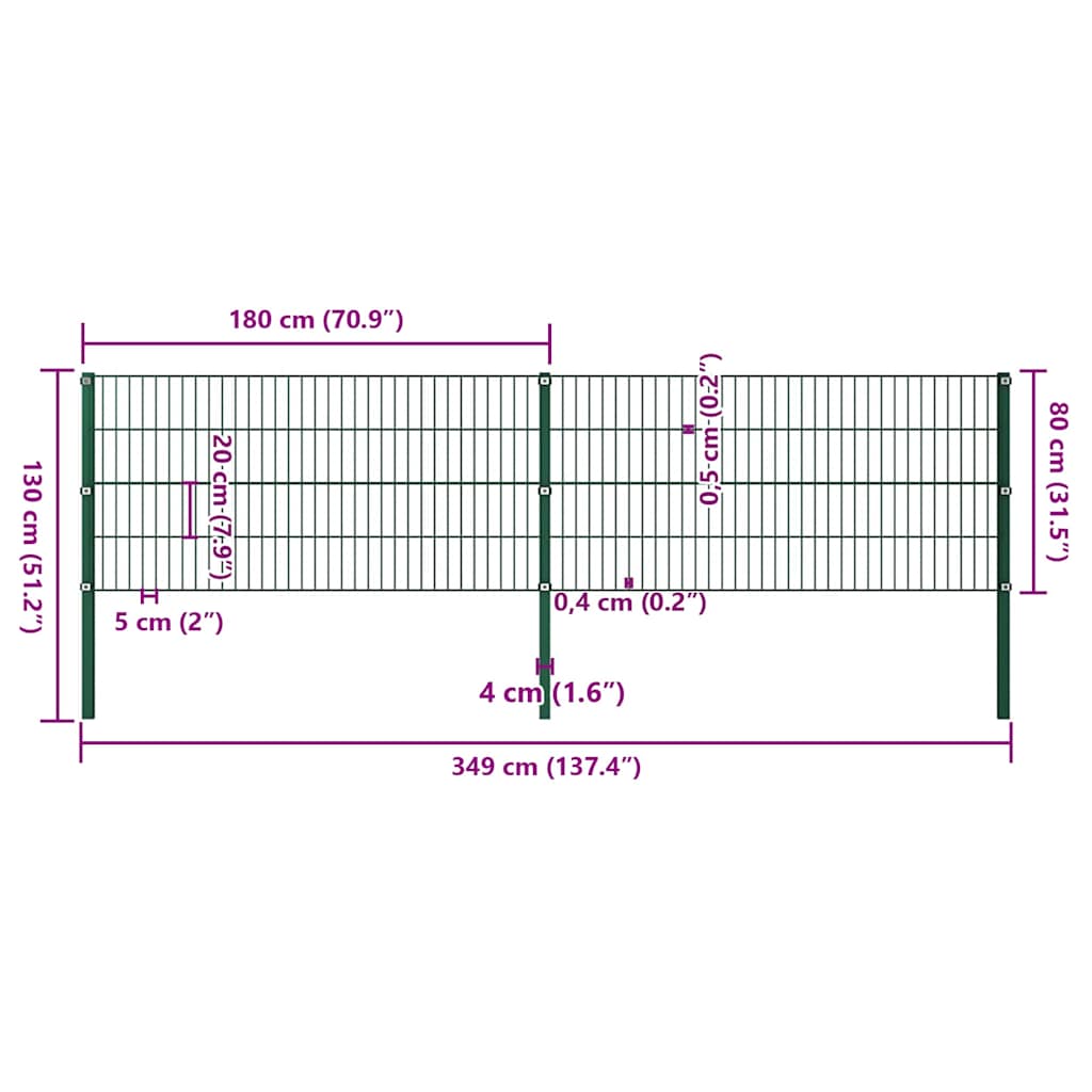 Painel de vedação com postes de ferro 349x80 cm verde