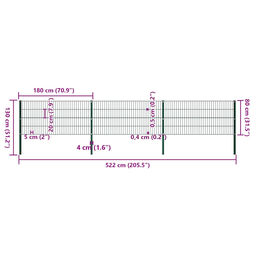 Painel de vedação com postes de ferro 522x80 cm verde