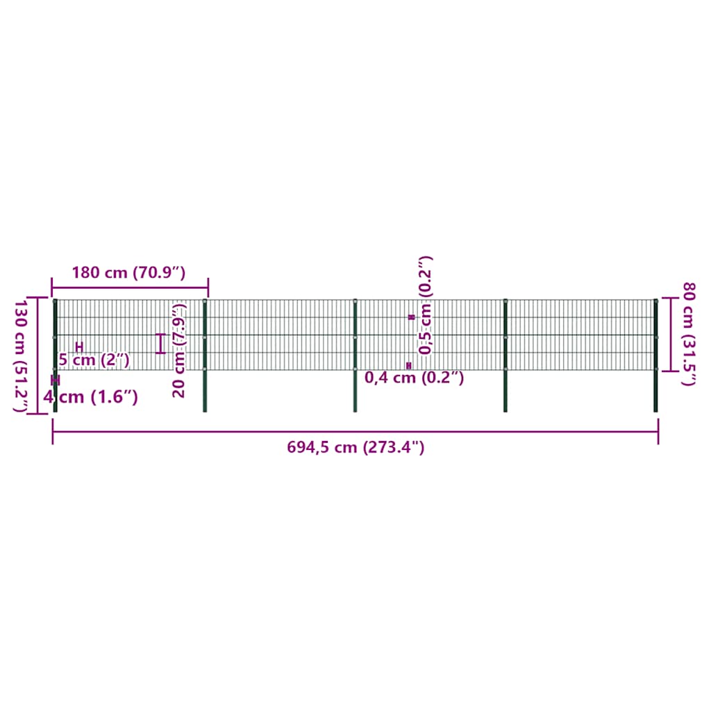 Painel de vedação com postes de ferro 694,5x80 cm verde