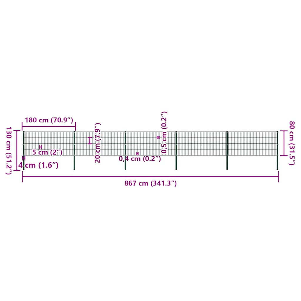Painel de vedação com postes de ferro 867x80 cm verde