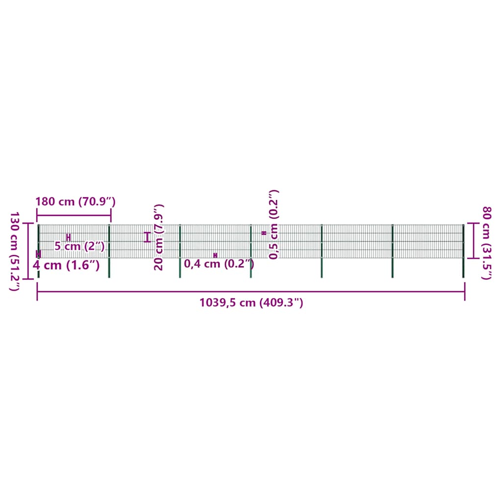 Painel de vedação com postes de ferro 1040x80 cm verde