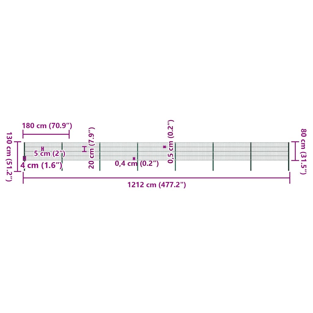 Painel de vedação com postes de ferro 1212x80 cm verde