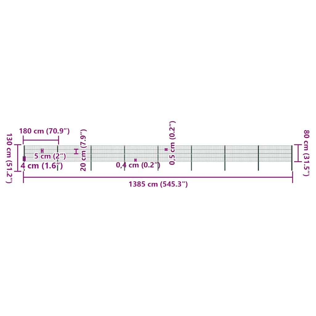 Painel de vedação com postes de ferro 1385x80 cm verde