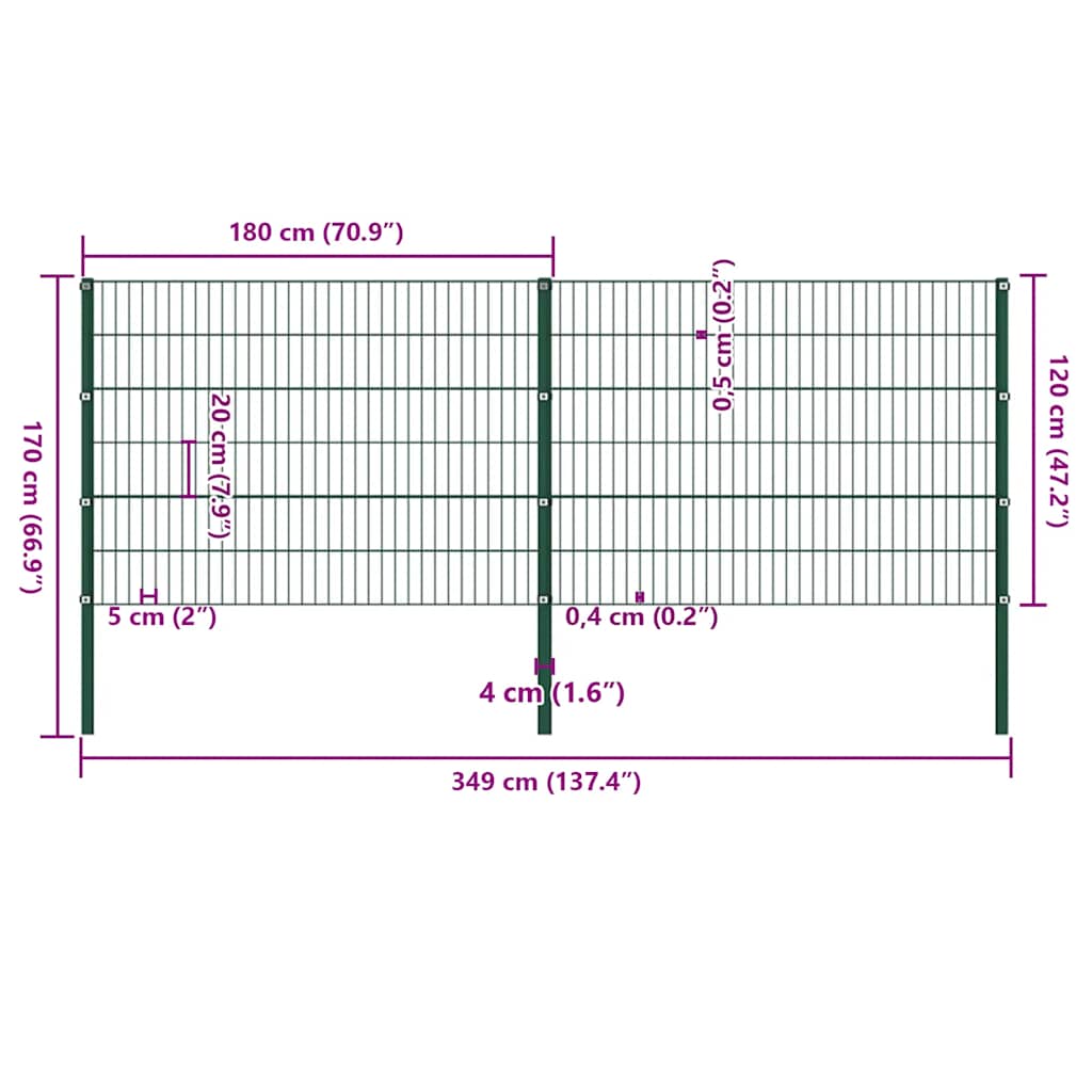 Painel de vedação com postes de ferro 349x120 cm verde