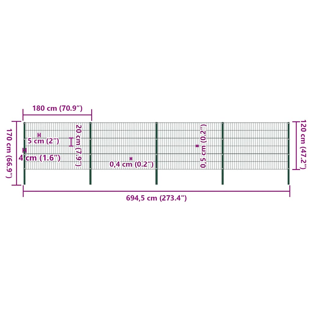 Painel de vedação com postes de ferro 694,5x120 cm verde