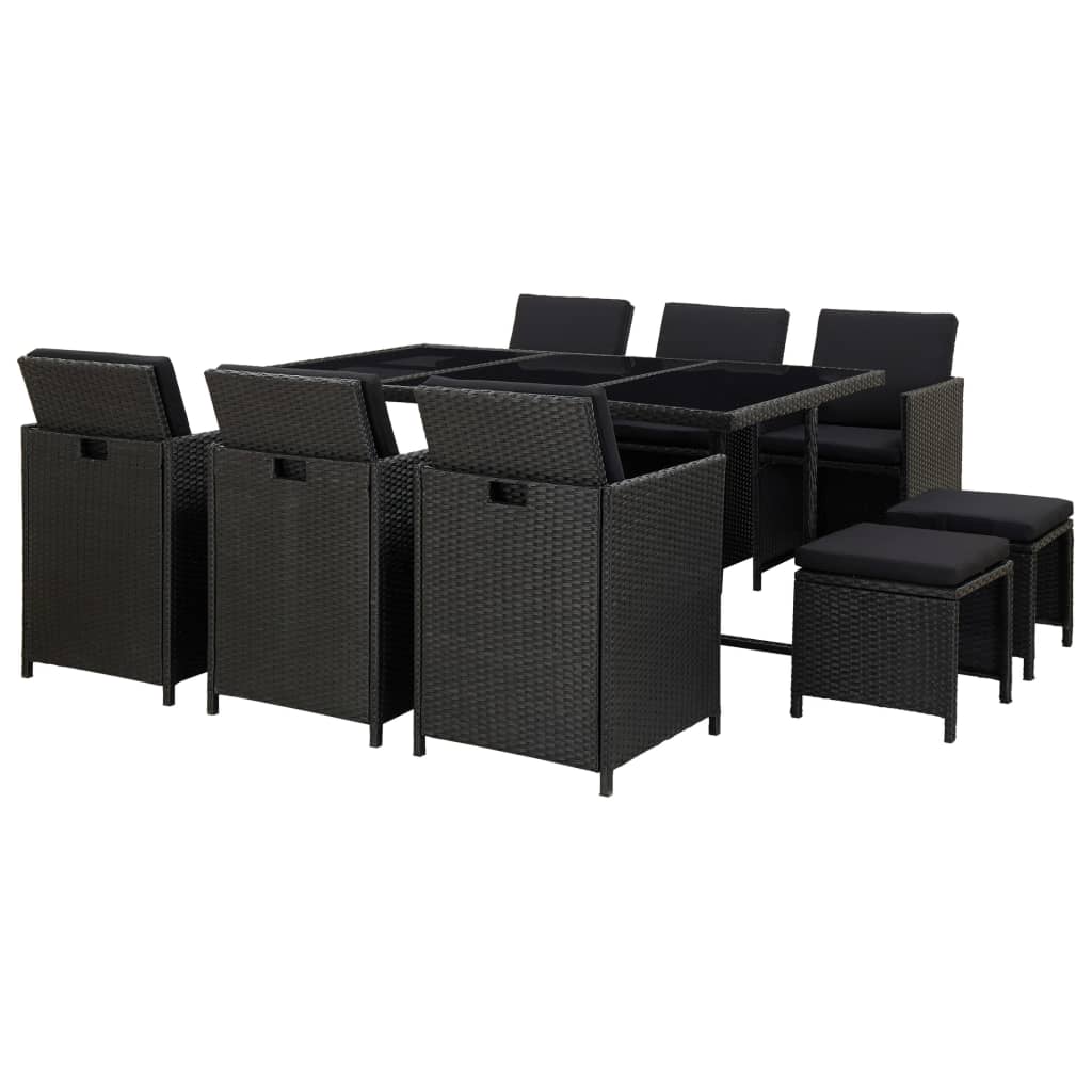 11 pcs conjunto jantar exterior com almofadões vime PE preto