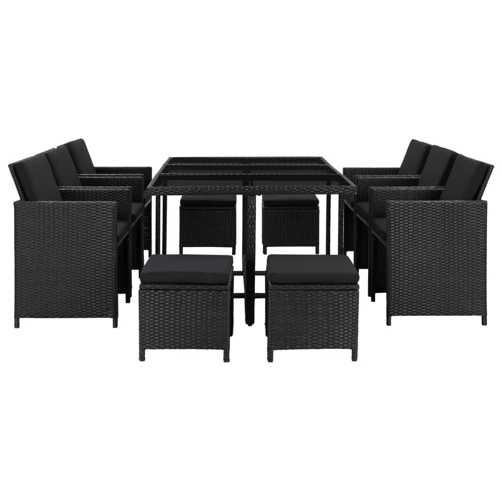 11 pcs conjunto jantar exterior com almofadões vime PE preto