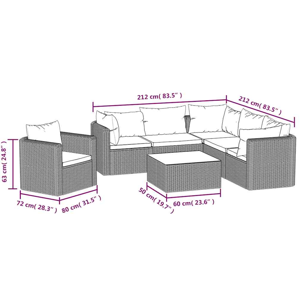 7 pcs conjunto lounge de jardim c/ almofadões vime PE preto