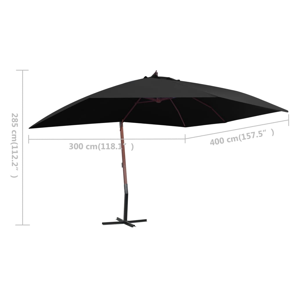 Guarda-sol suspenso com mastro de madeira 400x300 cm preto