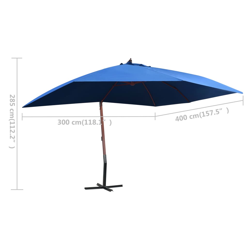Guarda-sol suspenso com mastro de madeira 400x300 cm azul