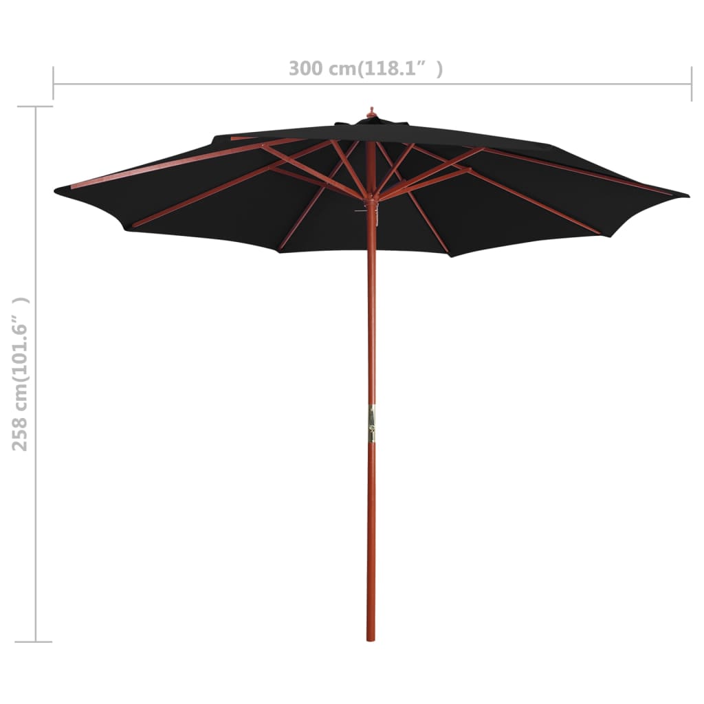 Guarda-sol com mastro de madeira 300x258 cm preto