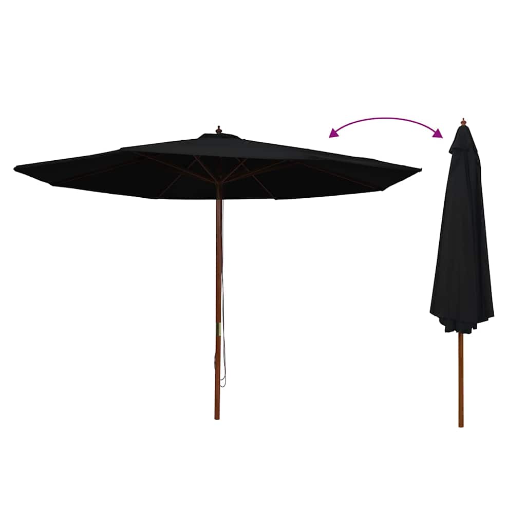 Guarda-sol de exterior c/ poste de madeira 350 cm preto