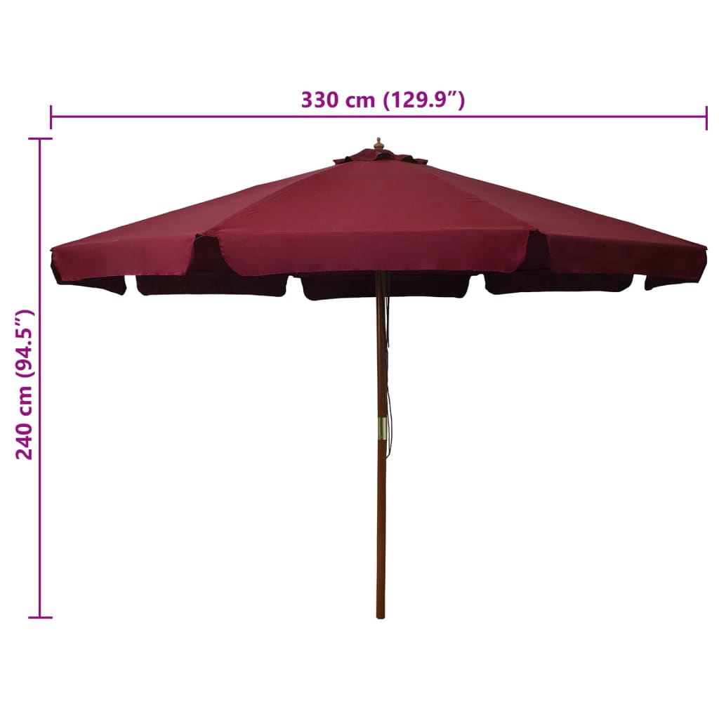Guarda-sol de exterior com poste em madeira 330 cm bordô