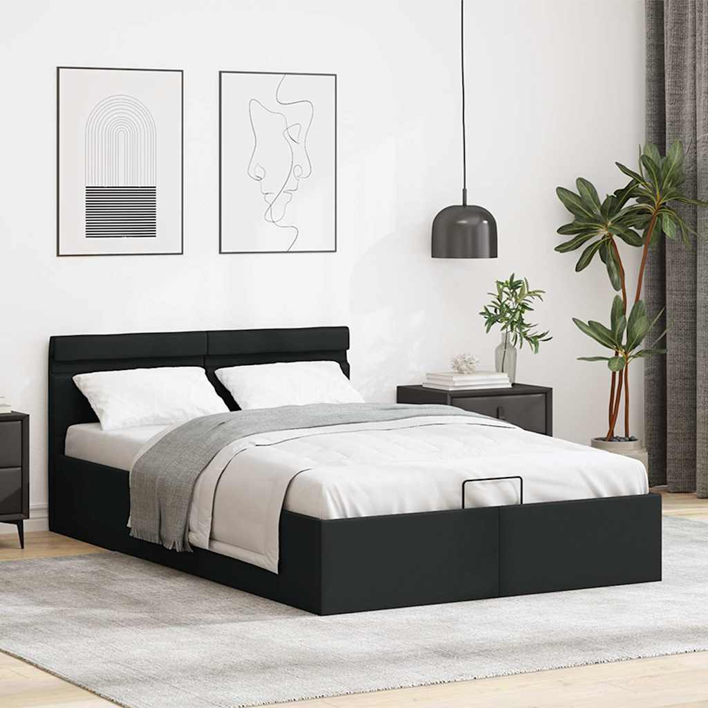 Cama hidráulica LED c/ arrumação 140x200cm couro artifi. preto