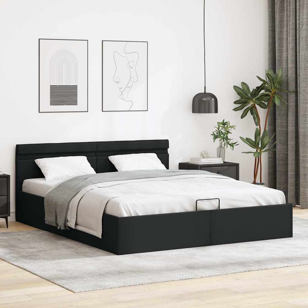 Cama hidráulica LED c/ arrumação 160x200cm couro artifi. preto