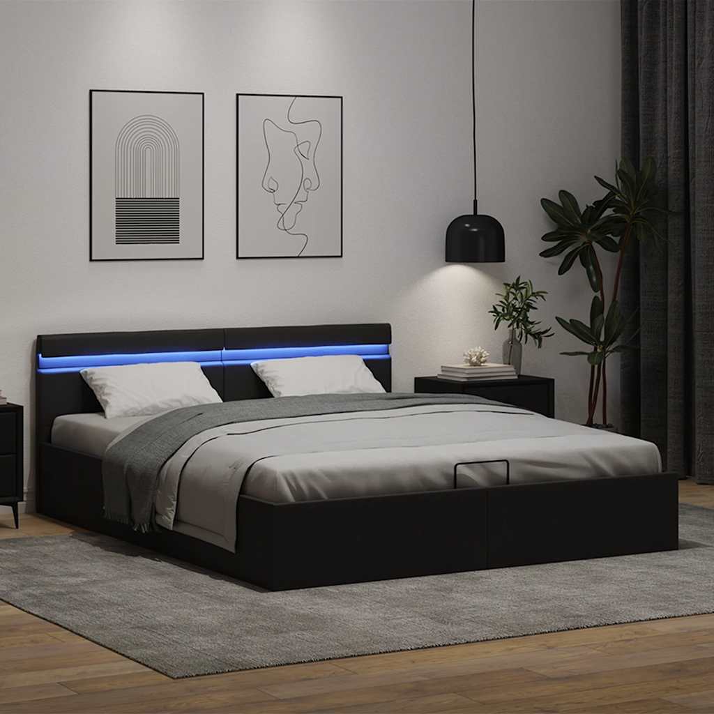 Cama hidráulica LED c/ arrumação 180x200cm couro artifi. preto