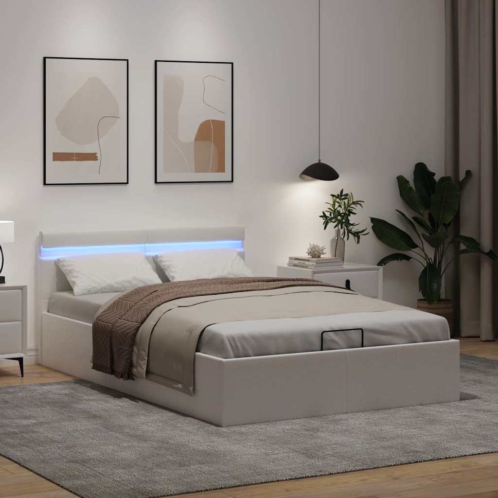 Cama hidráulica c/ arrumação LED 120x200cm couro artifi. branco