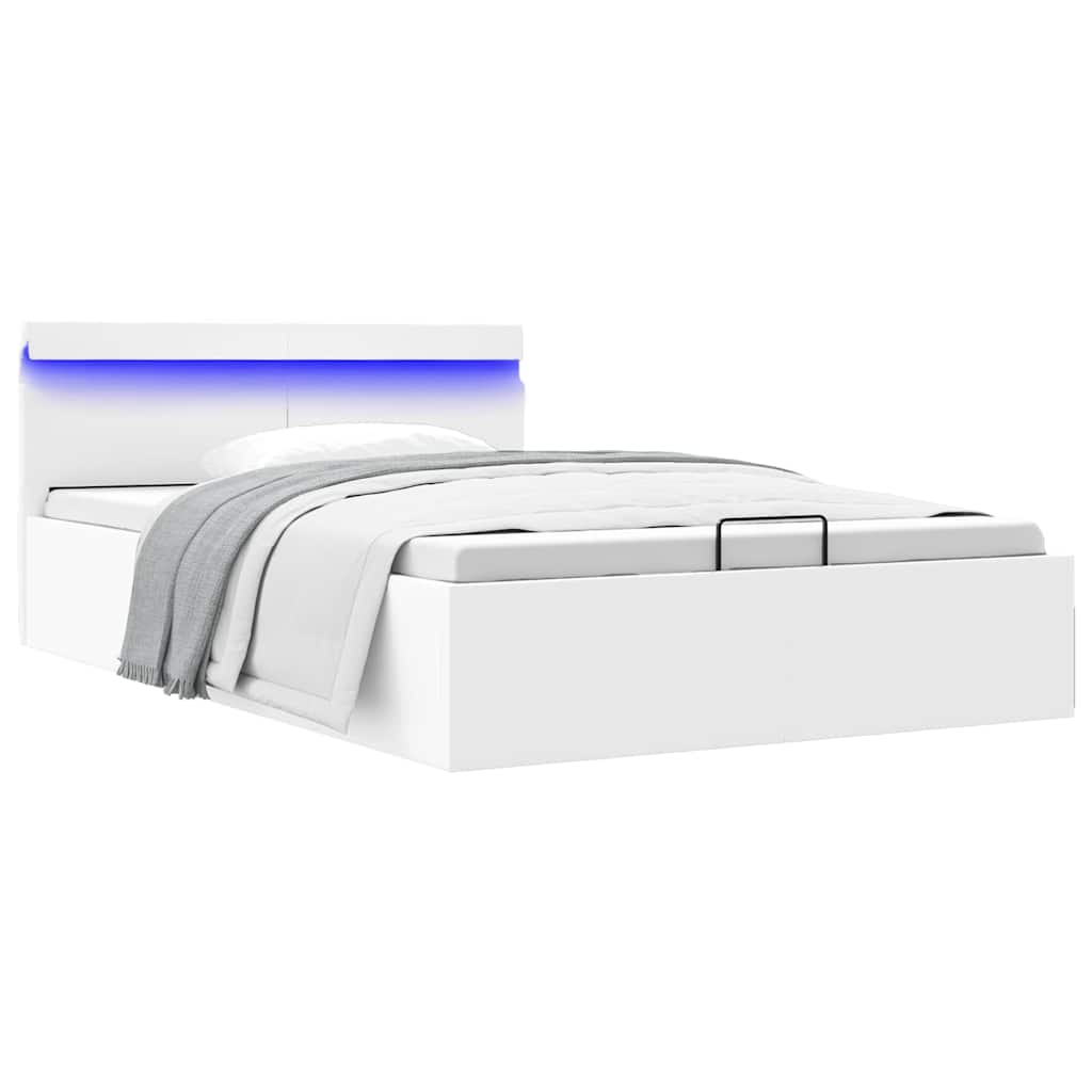 Cama hidráulica c/ arrumação LED 120x200cm couro artifi. branco