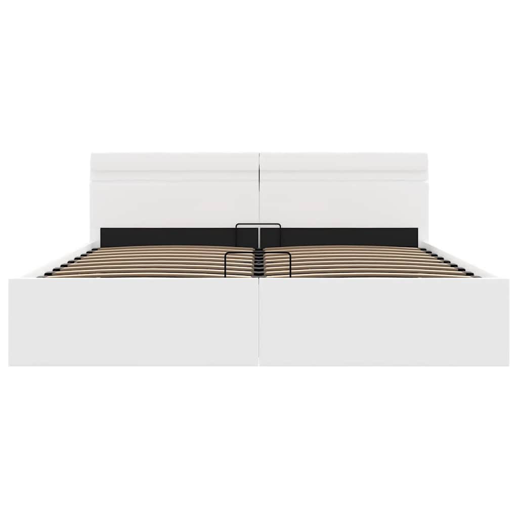 Cama hidráulica c/ arrumação LED 160x200cm couro artif. branco