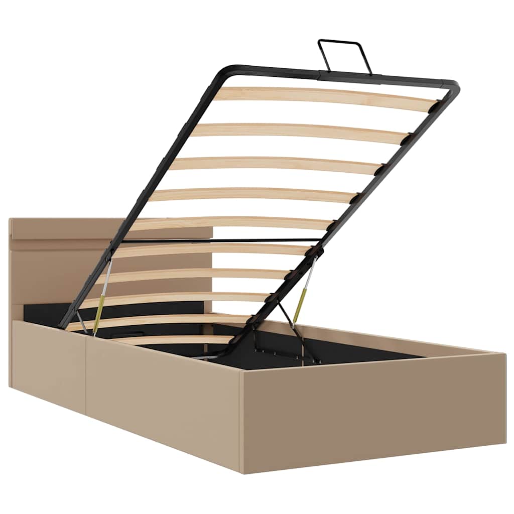 Cama hidrául. arrumação e LED 90x200cm couro artif. cappuccino