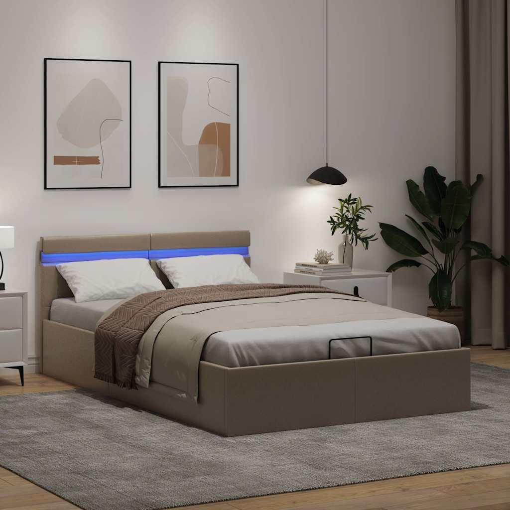 Cama hidrául. arrumação e LED 120x200cm couro artif. cappuccino