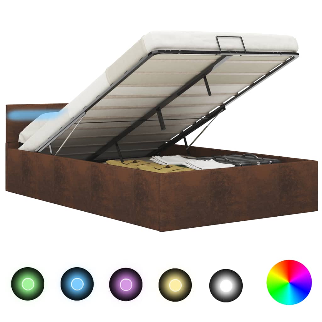 Cama hidráulica c/ arrumação e LED 120x200 cm tecido castanho