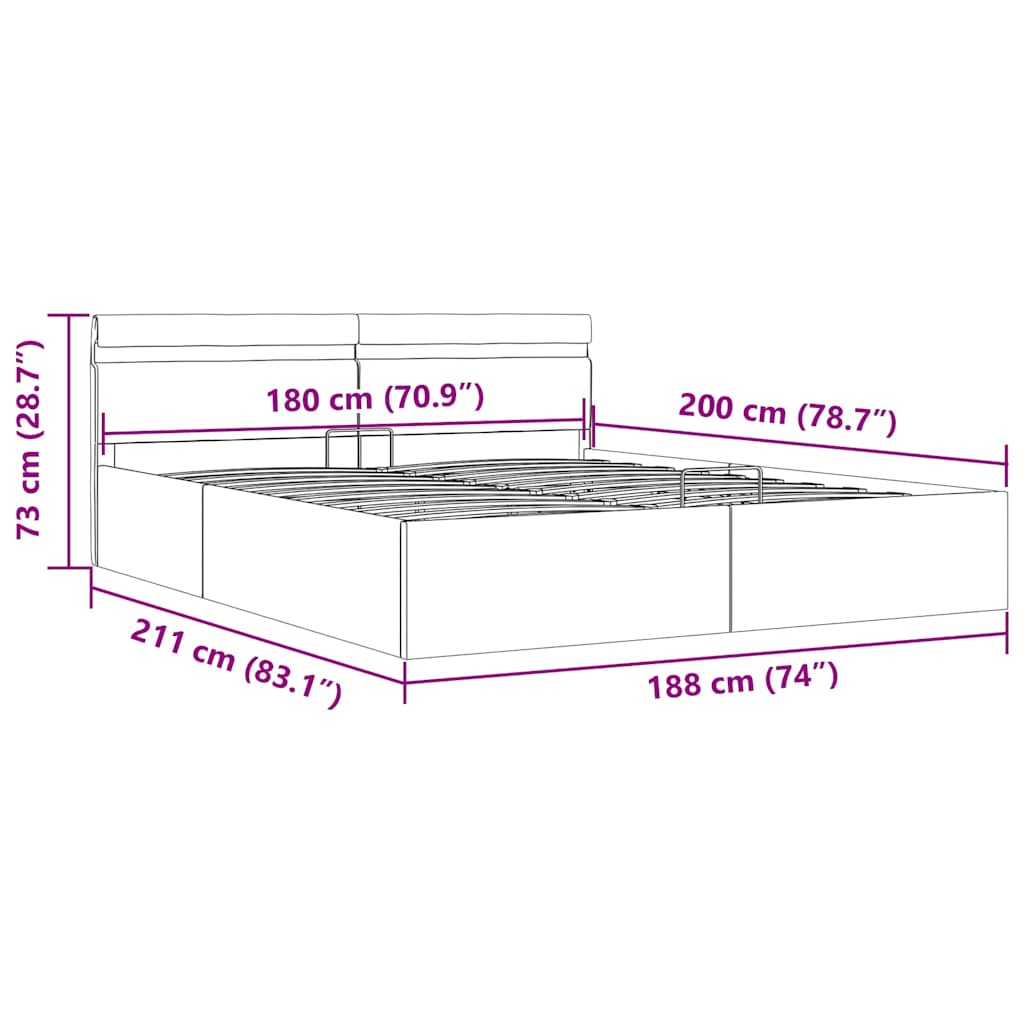 Cama hidráulica c/ arrumação LED 180x200cm tecido cinza-escuro