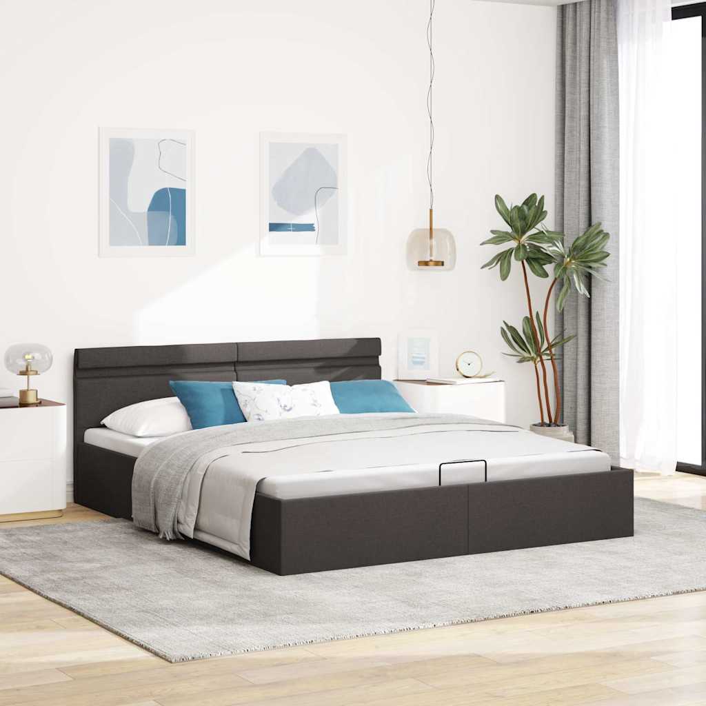 Cama hidráulica c/ arrumação LED 180x200cm tecido cinza-escuro