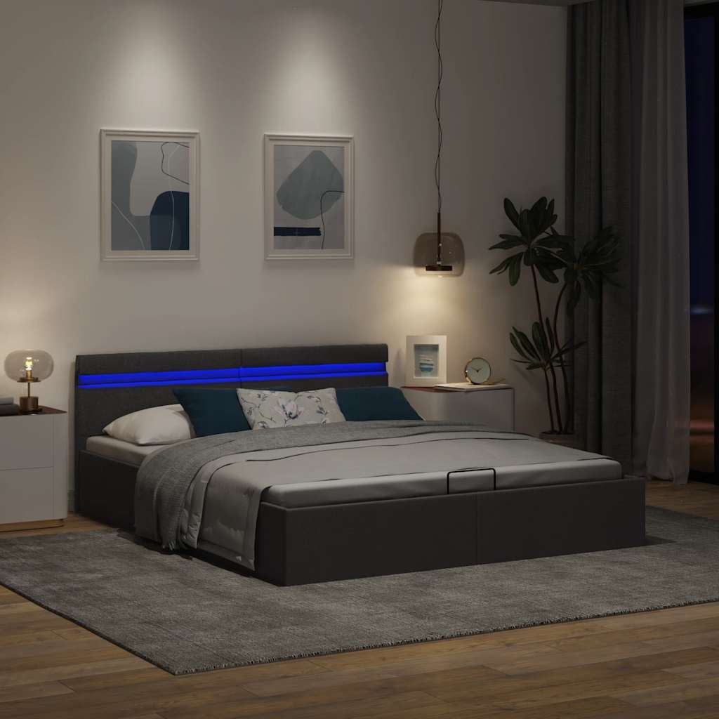 Cama hidráulica c/ arrumação LED 180x200cm tecido cinza-escuro