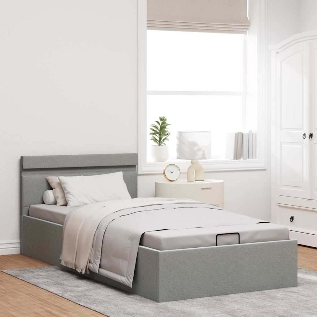 Cama hidráulica arrumação c/ LED 90x200cm tecido cinzento-claro