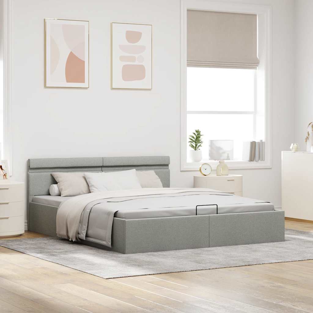 Cama hidráulica c/ arrumação LED 180x200 cm tecido cinza-claro