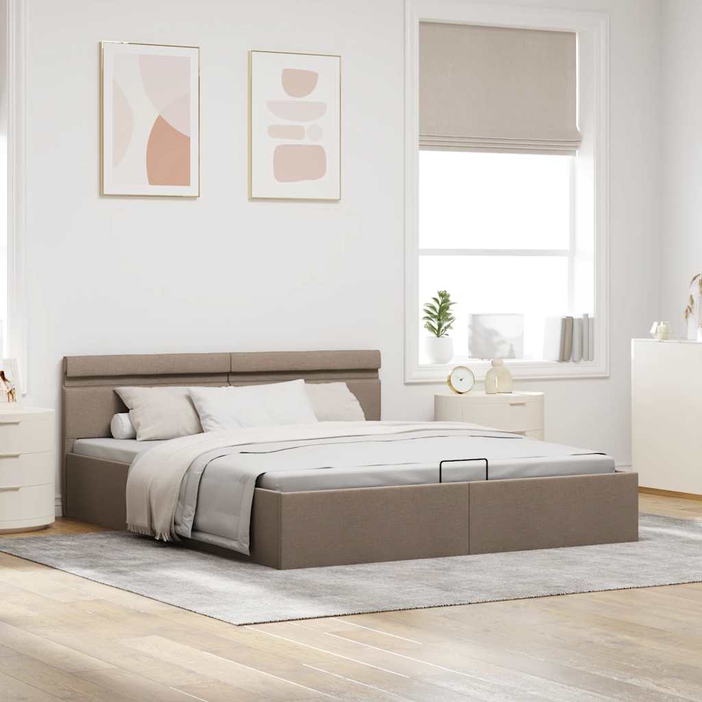 Cama hidráuli. arrumação LED 160x200cm tecido cinza-acastanhado